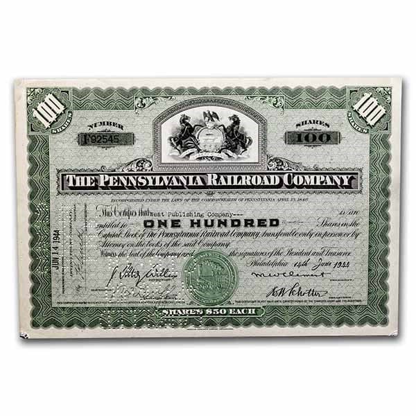 The Pennsylvania Railroad Company Older Stock Certificate (Green): The Pennsylvania Railroad Company Older Stock Certificate (Green) RBJ no: 238422 Year: 1930-50s Grade: None Grade Service: None Mint Mark: N/A - Not Available Metal Content: 0 troy oz Pur