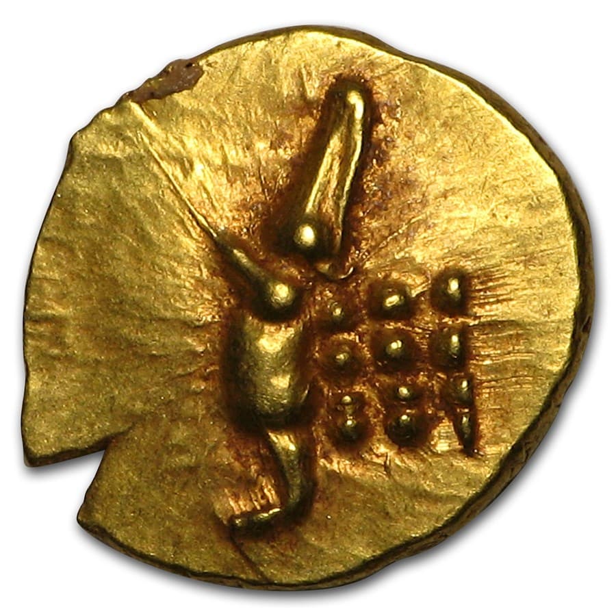 18th-19th Century Gold Fanam of India F-XF: 18th-19th Century Gold Fanam of India F-XF RBJ no: 55429 Year: Random Grade: Other Grade Service: None Denomination: 1 Fanam Mint Mark: Not Shown Metal Content: 0.014 troy oz Pur