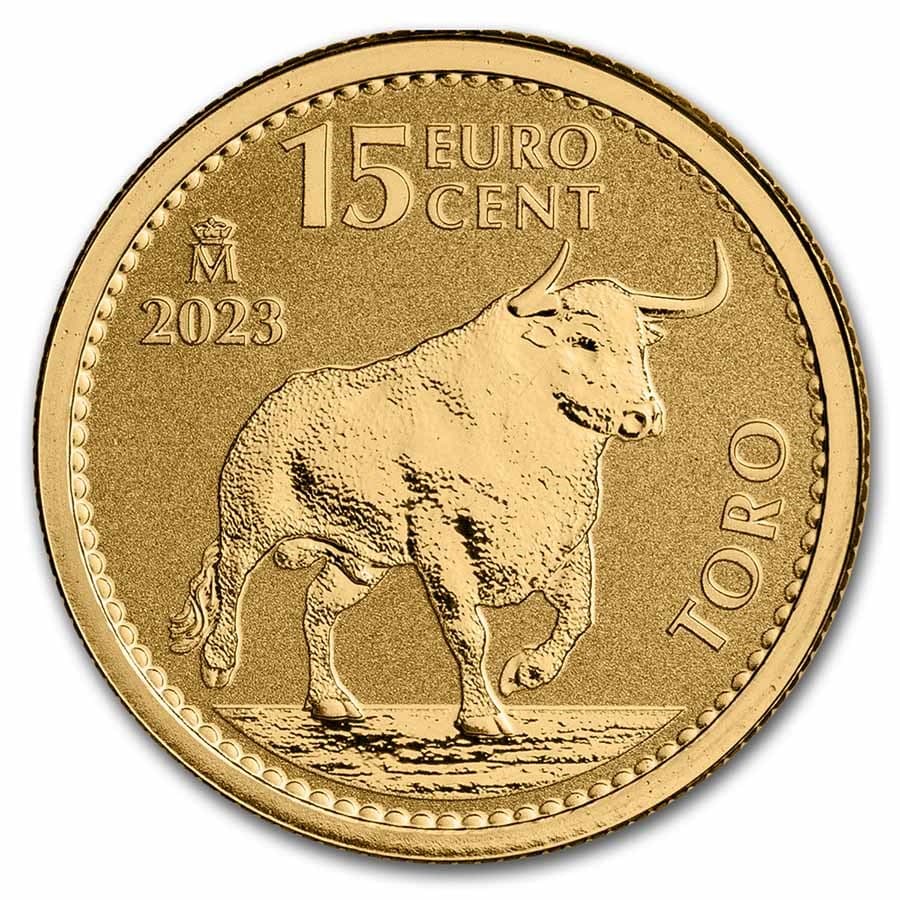 2023 Spain 1/10 oz Gold Reverse Proof Bull Doubloon: 2023 Spain 1/10 oz Gold Reverse Proof Bull Doubloon RBJ no: 273849 Year: 2023 Grade: Proof Grade Service: None Denomination: 15 Cents Mint Mark: M - Madrid Metal Content: 0.1 troy oz