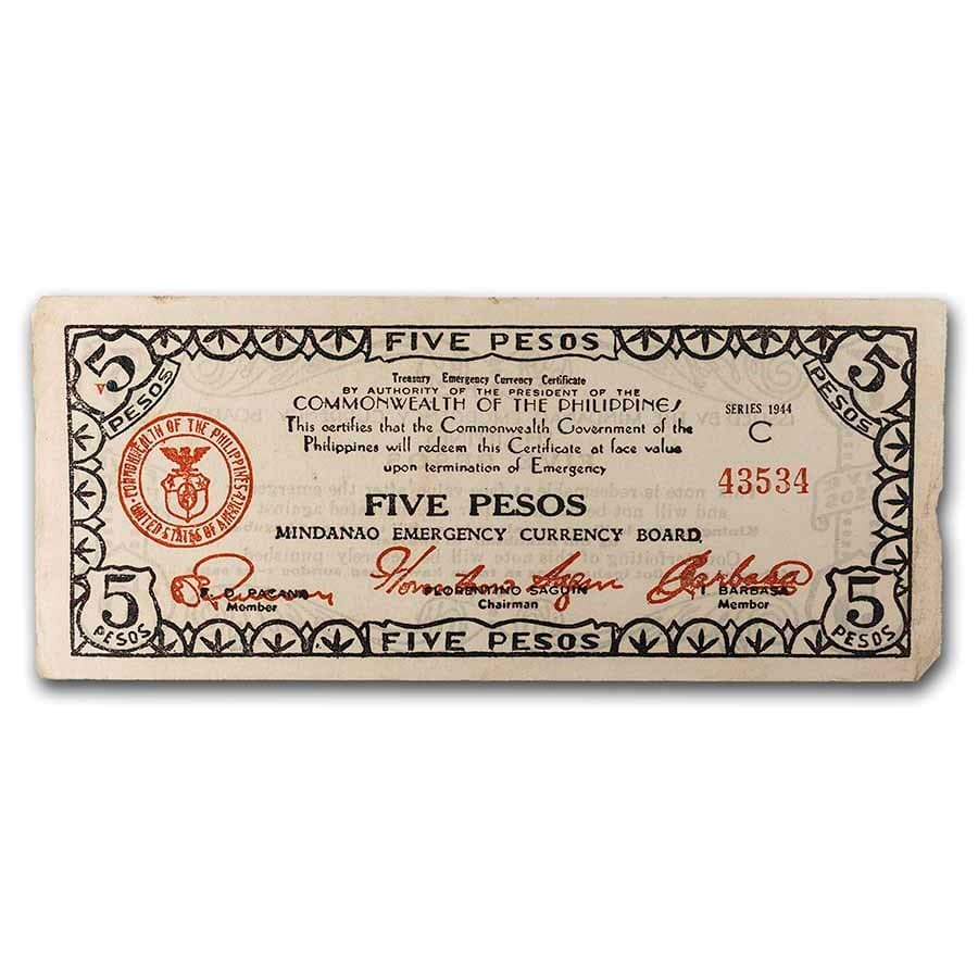1943-1944 Philippines Guerilla Currency 5 Pesos Note VF: 1943-1944 Philippines Guerilla Currency 5 Pesos Note VF RBJ no: 230214 Year: 1943-1944 Grade: Very Fine Grade Service: None Denomination: 5 Pesos Mint Mark: N/A - Not Available Metal Cont