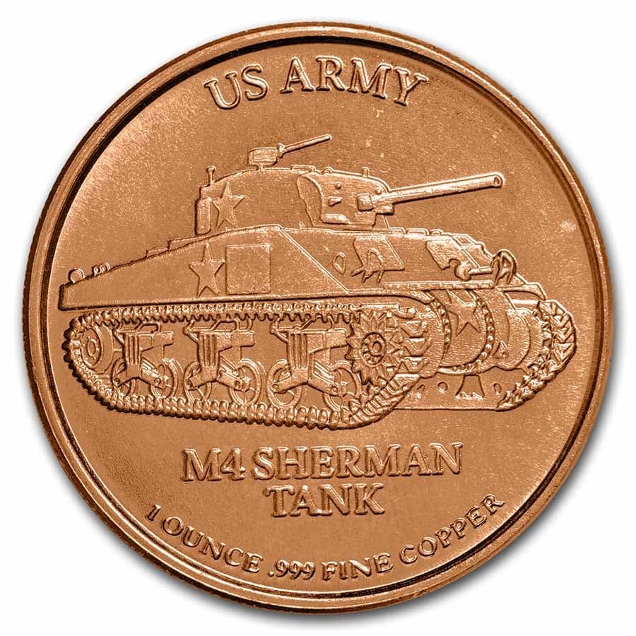 1 oz Copper Round - US Army: Sherman Tank: 1 oz Copper Round - US Army: Sherman Tank RBJ no: 249312 Year: N/A Grade: None Grade Service: None Mint Mark: None Metal Content: 1 AVDP oz Purity: .999 Thickness: 3.3 mm