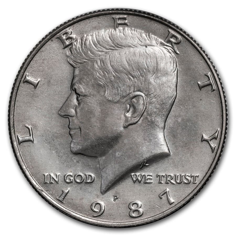 1987-P Kennedy Half Dollar BU: 1987-P Kennedy Half Dollar BU RBJ no: 6044 Year: 1987 Grade: Brilliant Unc Grade Service: None Denomination: 50 Cents Mint Mark: P - Philadelphia Metal Content: 0 troy oz Purity: