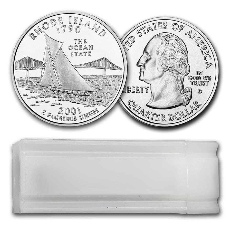 2001-D Rhode Island Statehood Quarter 40-Coin Roll BU: 2001-D Rhode Island Statehood Quarter 40-Coin Roll BU RBJ no: 8111 Year: 2001 Grade: Brilliant Unc Grade Service: None Denomination: 25 Cents Mint Mark: D - Denver Metal Content: 0 troy o