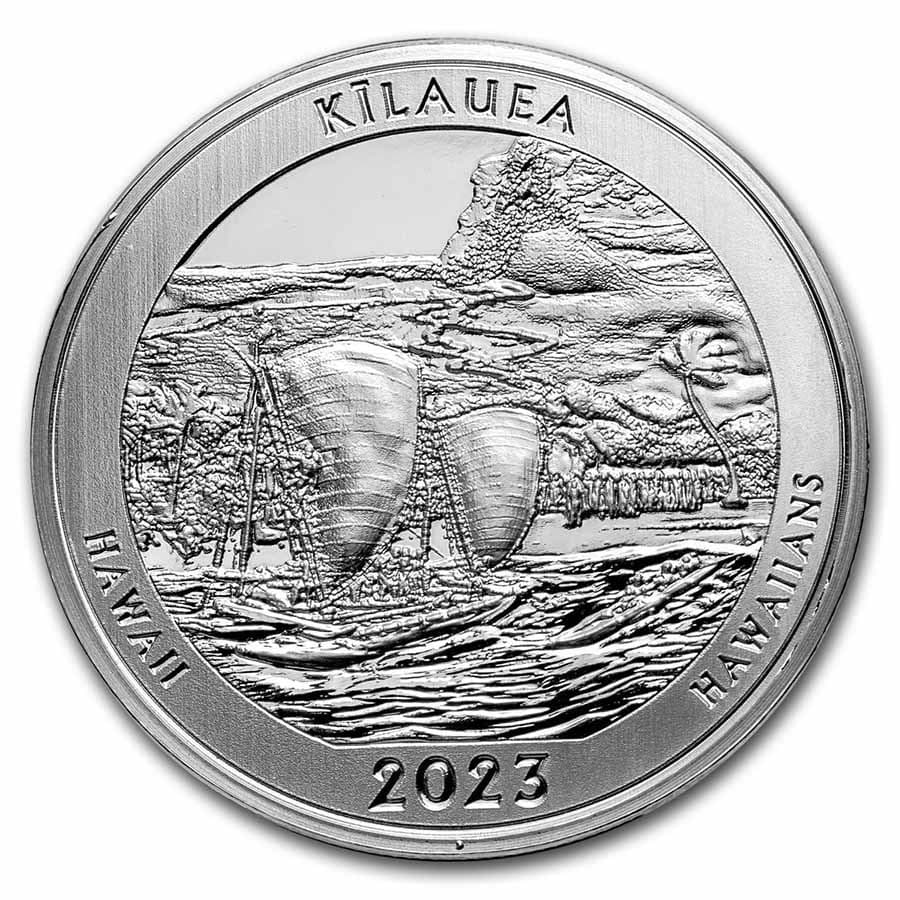 2023 1 oz Silver NATB Hawaii Volcanoes National Park (Box/COA): 2023 1 oz Silver NATB Hawaii Volcanoes National Park (Box/COA) RBJ no: 272205 Year: 2023 Grade: None Grade Service: None Mint Mark: N/A - Not Available Metal Content: 1 troy oz Purity: .9