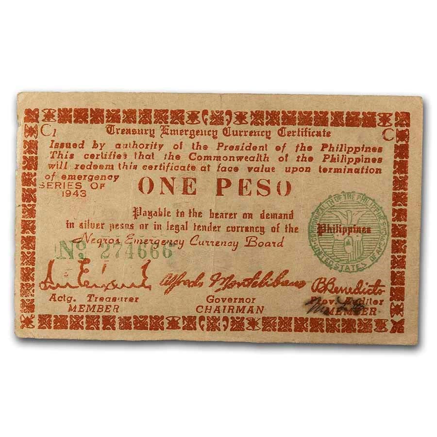1943-1945 Philippines Guerilla Currency 1 Peso Note VF: 1943-1945 Philippines Guerilla Currency 1 Peso Note VF RBJ no: 230222 Year: 1943-1945 Grade: Very Fine Grade Service: None Denomination: 1 Peso Mint Mark: N/A - Not Available Metal Conten