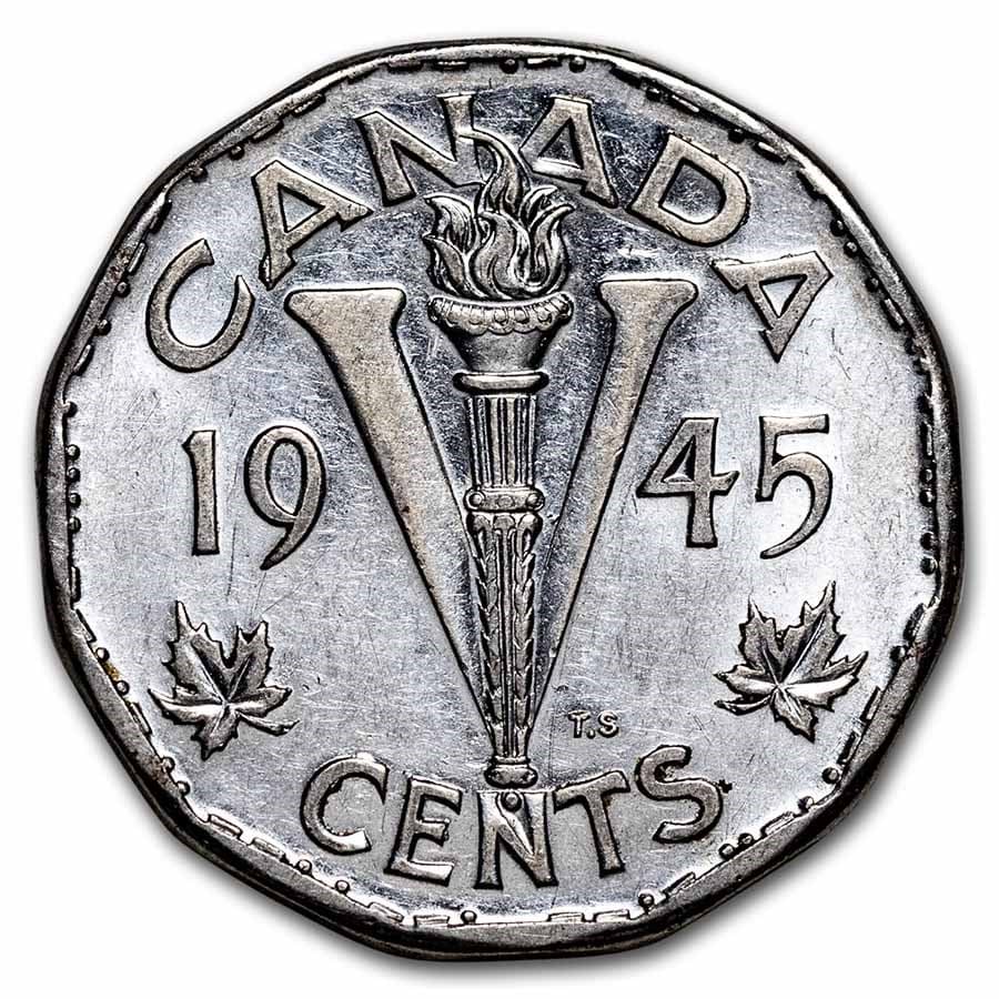 1945 Canada Steel "Victory" 5 Cents AU: 1945 Canada Steel "Victory" 5 Cents AU RBJ no: 253888 Year: 1945 Grade: Almost Unc Grade Service: None Denomination: 5 Cents Mint Mark: RCM (Not Shown) Metal Content: 0 troy oz P