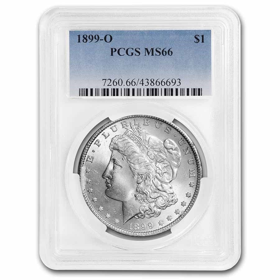 1899-O Morgan Dollar MS-66 PCGS: 1899-O Morgan Dollar MS-66 PCGS RBJ no: 18025 Year: 1899 Grade Service: PCGS Denomination: $1.00 Metal Content: 0.7734 troy oz Purity: .900 Thickness: 3.1 mm Diameter: 38.1 mm