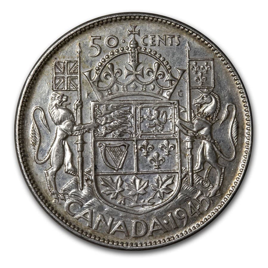 1945 Canada Silver 50 Cents George VI AU: 1945 Canada Silver 50 Cents George VI AU RBJ no: 217081 Year: 1945 Grade: Almost Unc Grade Service: None Denomination: 50 Cents Mint Mark: RCM (Not Shown) Metal Content: 0.3 troy oz <