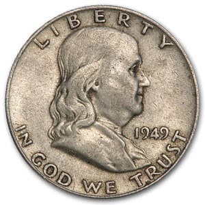 1949 Franklin Half Dollar Fine/XF: 1949 Franklin Half Dollar Fine/XF RBJ no: 7883 Year: 1949 Grade: Fine or Better Grade Service: None Denomination: $0.50 Mint Mark: P - Philadelphia (Not Shown) Metal Content: 0.3575 troy