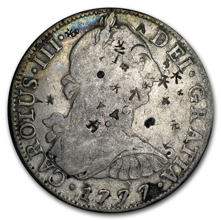 1771-1825 Spanish Empire Silver 8 Reales Bust Type (Chopmarked): 1771-1825 Spanish Empire Silver 8 Reales Bust Type (Chopmarked) Product ID: 175650 Year: 1771-1825 Grade: Genuine Grade Service: None Denomination: 8 Reales Mint Mark: Mo - Mexico City Me