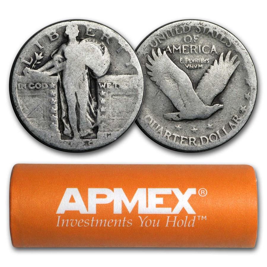 90% Silver Standing Liberty Quarters 40-Coin Roll (Dateless): 90% Silver Standing Liberty Quarters 40-Coin Roll (Dateless) Product ID: 167310 Year: 1916-1930 Grade: Almost Good Grade Service: None Denomination: $0.25 Mint Mark: Varies Metal Content: