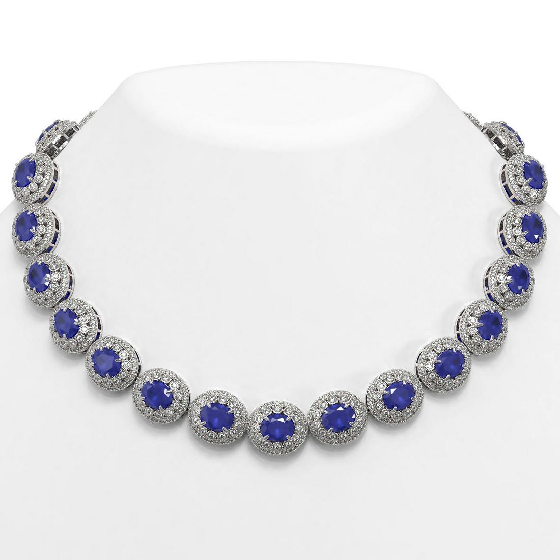 111.75 ctw Sapphire & Diamond Victorian Necklace 14K White Gold: 111.75 ctw Sapphire & Diamond Victorian Necklace 14K White Gold Item: Sapphire NecklaceTotal Gem weight: 111.75 carats Metal: Solid 14K White Gold Gold Product Weight: Approx. 118.6 grams Jewel