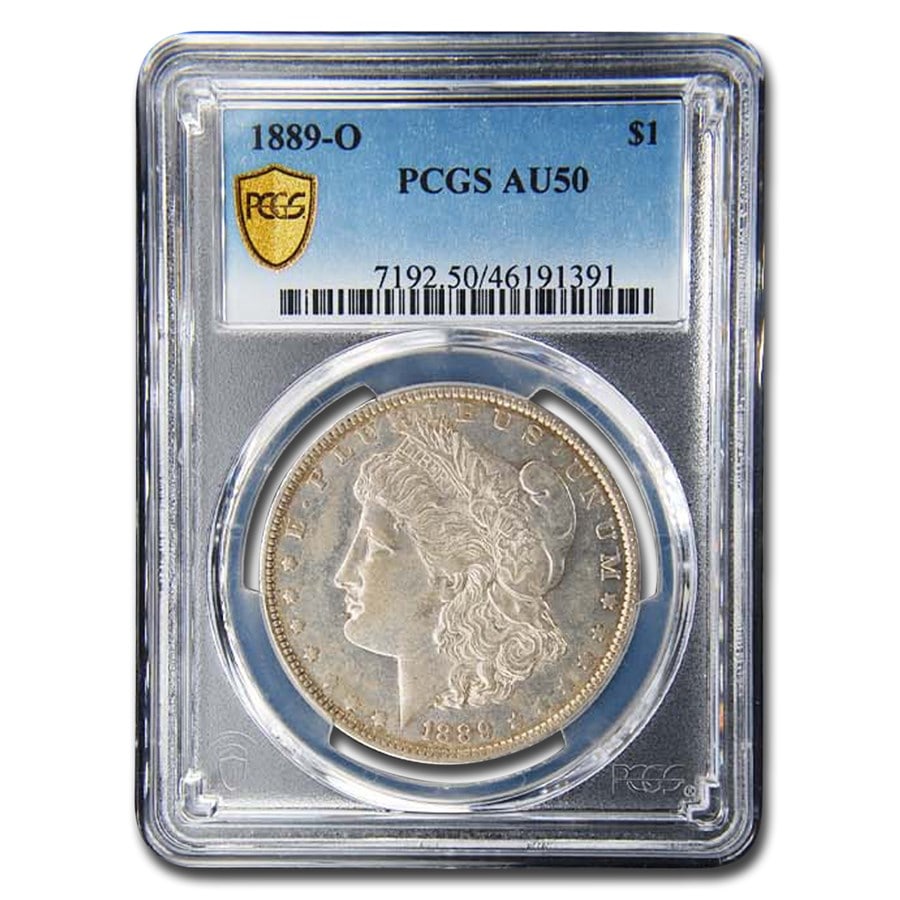 1889-O Morgan Dollar AU-50 PCGS: 1889-O Morgan Dollar AU-50 PCGS Product ID: 58615 Year: 1889 Grade: Almost Unc - 50 Grade Service: PCGS Denomination: $1.00 Mint Mark: O - New Orleans Metal Content: 0.7734 troy oz