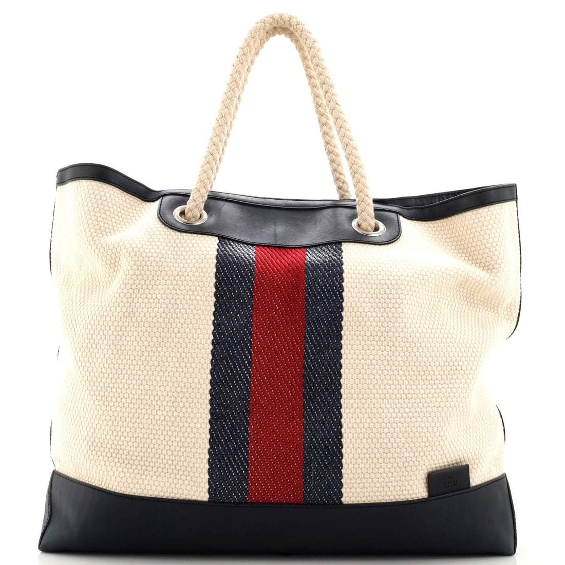 Gucci Web Open Tote Canvas XL: Gucci Web Open Tote Canvas XL Exterior Color: Blue, White Interior Color: Neutral Exterior Material: Canvas Plain, Leather Interior Material: Fabric Hardware Color: Silver Accessories: Dust bag <b