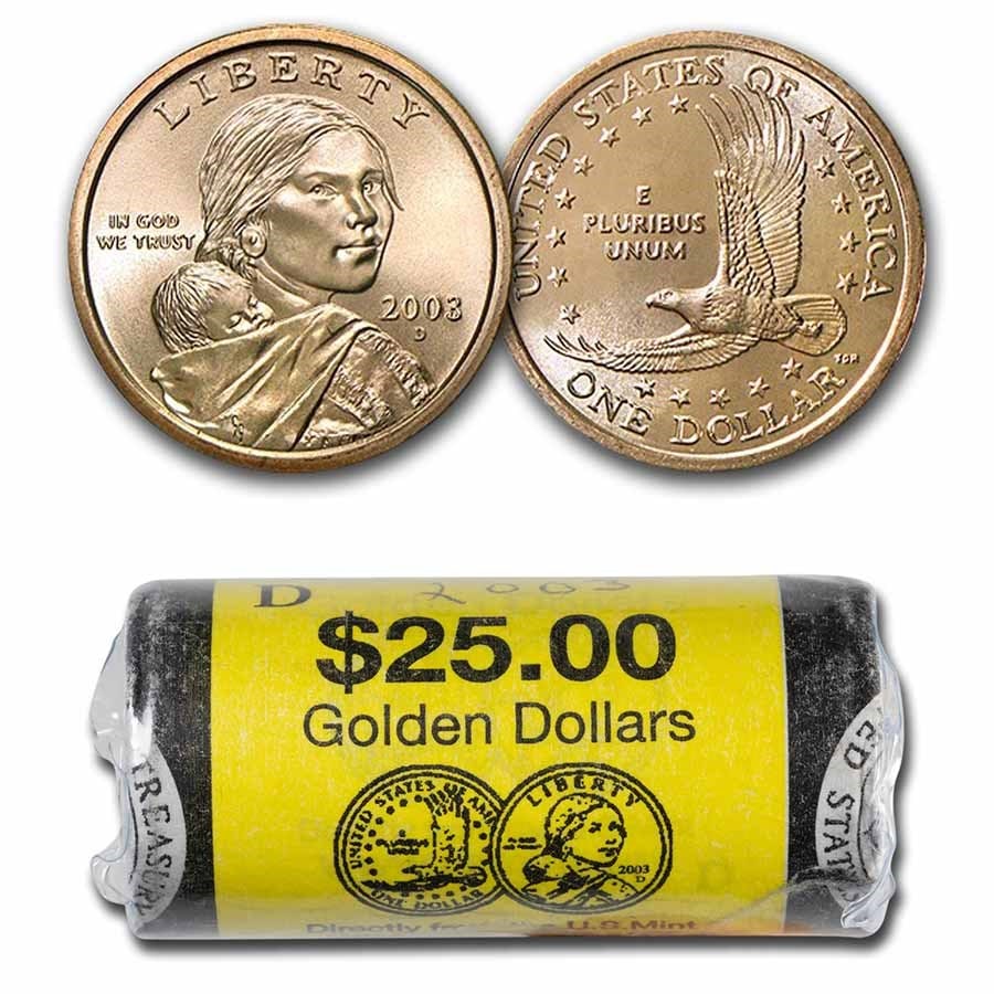 2003-D Sacagawea Dollar (25-Coin Mint Roll): 2003-D Sacagawea Dollar (25-Coin Mint Roll) Product ID: 206449 Year: 2003 Grade: Brilliant Unc Grade Service: None Denomination: $1.00 Mint Mark: D - Denver Metal Content: 0 troy oz <