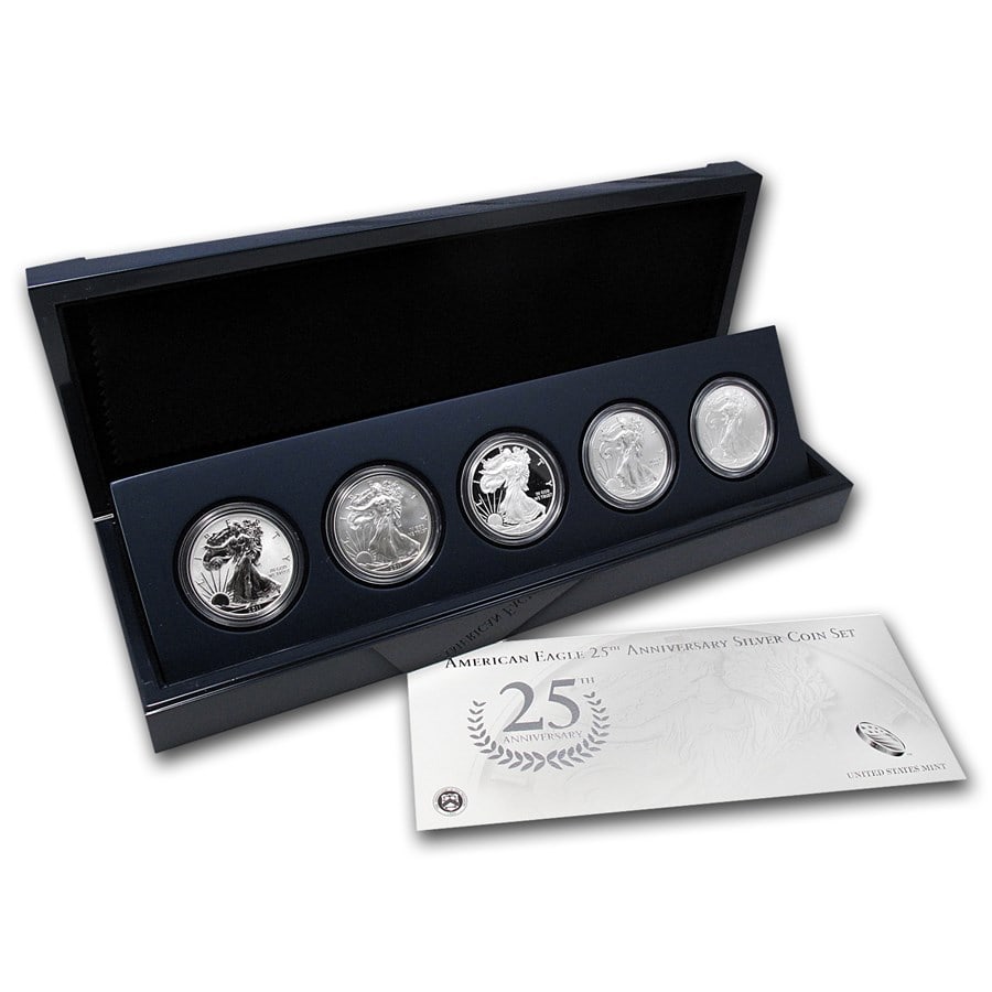 2011 5-Coin American Silver Eagle Set (25th Anniv, w/Box & COA): 2011 5-Coin American Silver Eagle Set (25th Anniv, w/Box & COA) Product ID: 65407 Year: 2011 Grade: BU &/or Proof Grade Service: None Denomination: $1.00 Dollar Mint Mark: W - West Point (Not Show