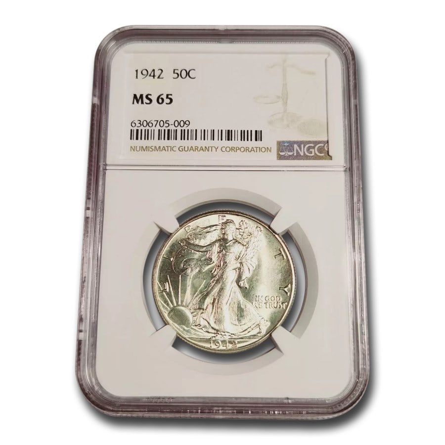 1942 Walking Liberty Half Dollar MS-65 NGC: 1942 Walking Liberty Half Dollar MS-65 NGC Product ID: 50186 Year: 1942 Grade Service: NGC Denomination: $0.50 Metal Content: 0.3617 troy oz Purity: .900 Thickness: 2.15 mm Diame