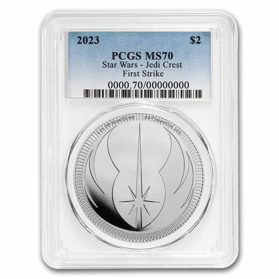 2023 Niue 1 oz Ag $2 Star Wars: Jedi Order Crest MS-70 PCGS (FS): 2023 Niue 1 oz Ag $2 Star Wars: Jedi Order Crest MS-70 PCGS (FS) Product ID: 243688 Year: 2023 Grade: MS-70 Grade Service: PCGS Denomination: 2 Dollars Mint Mark: Not Shown Metal Content: