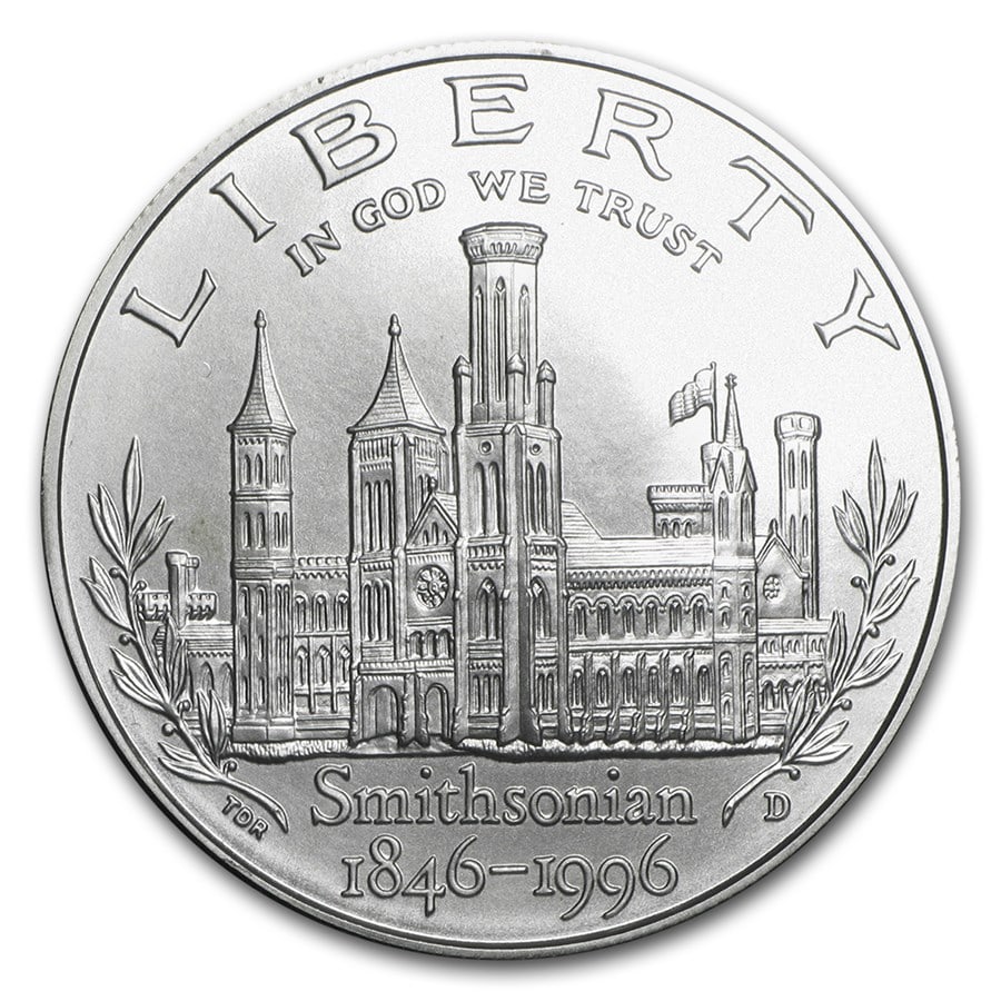 1996-D Smithsonian $1 Silver Commem BU (w/Box & COA): 1996-D Smithsonian $1 Silver Commem BU (w/Box & COA) Product ID: 7032 Year: 1996 Grade: Brilliant Unc Grade Service: None Denomination: $1.00 Dollar Mint Mark: D - Denver Metal Content: 0