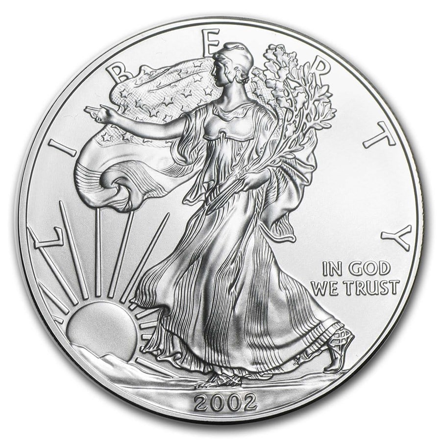 2002 1 oz American Silver Eagle BU: 2002 1 oz American Silver Eagle BU Product ID: 1054 Year: 2002 Grade: Brilliant Unc Grade Service: None Denomination: $1.00 Dollar Mint Mark: W - West Point (Not Shown) Metal Content: 1 t