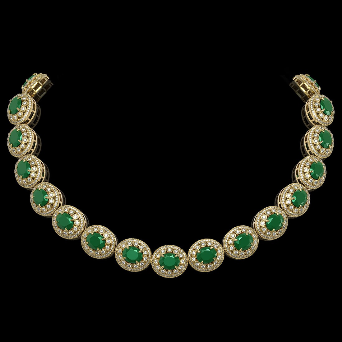 111.75 ctw Emerald & Diamond Victorian Necklace 14K Yellow Gold: 111.75 ctw Emerald & Diamond Victorian Necklace 14K Yellow Gold Item: Emerald NecklaceTotal Gem weight: 111.75 carats Metal: Solid 14K Yellow Gold Gold Product Weight: Approx. 118.6 grams Jewelr