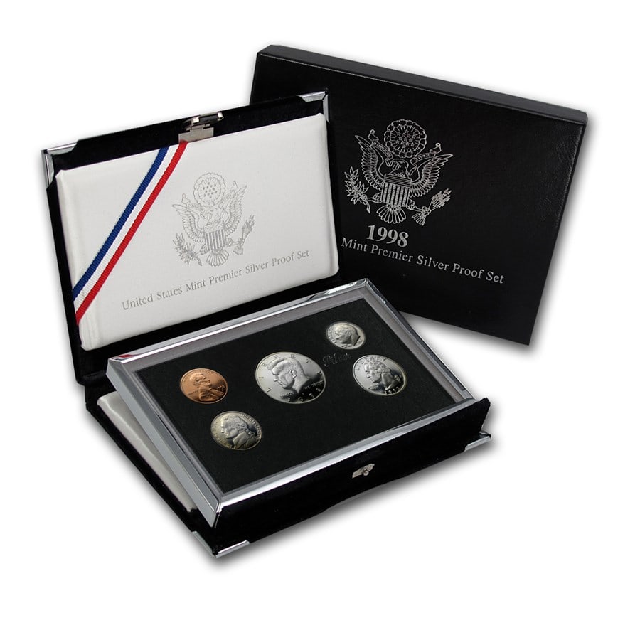 1998-S Premier Silver Proof Set: 1998-S Premier Silver Proof Set Product ID: 1192 Year: 1998 Grade: Proof Grade Service: None Denomination: Varies Mint Mark: S - San Francisco Metal Content: 0.6148 troy oz Purit