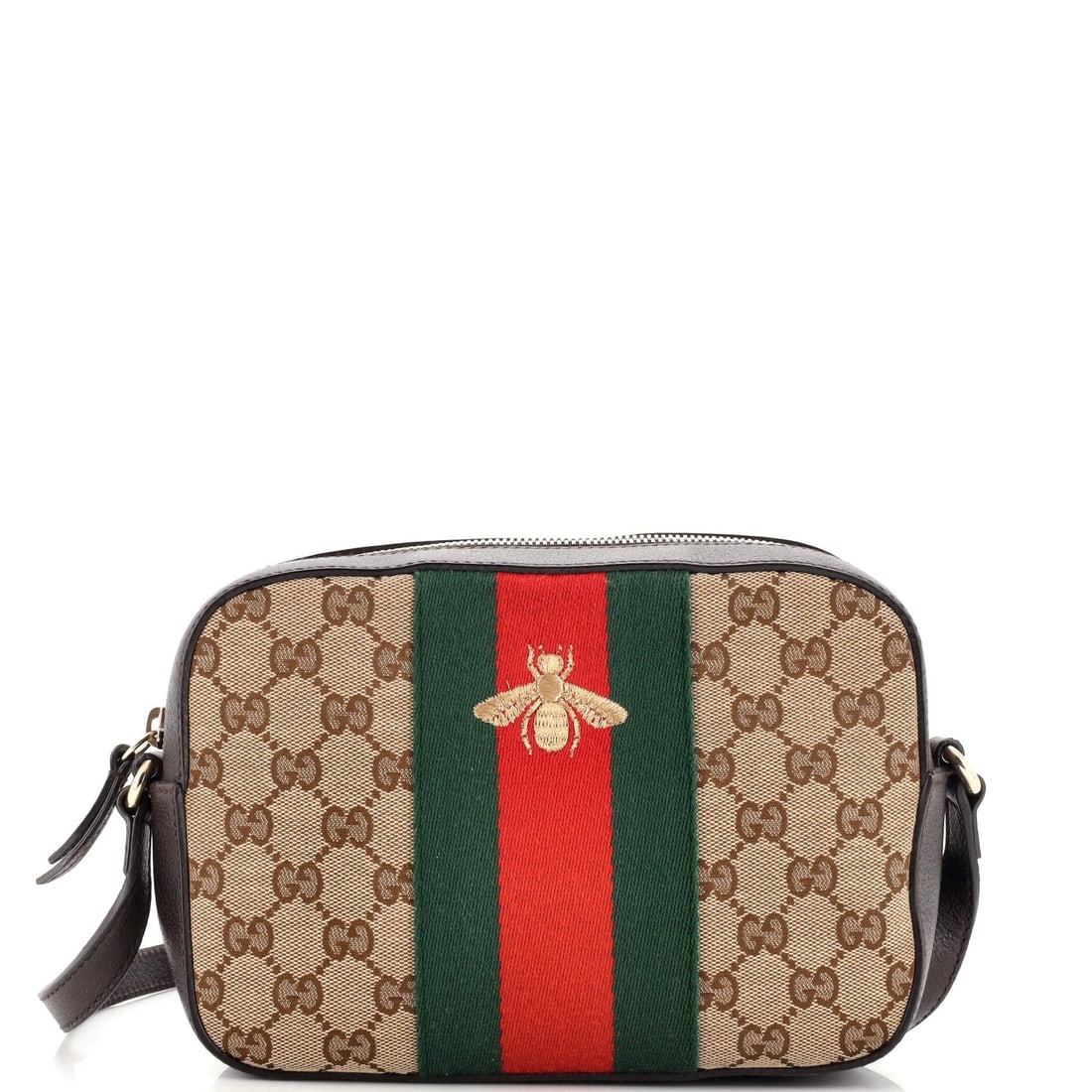 Gucci Bee Web Camera Bag GG Canvas: Gucci Bee Web Camera Bag GG Canvas Exterior Color: Brown Interior Color: Neutral Exterior Material: Canvas Plain Interior Material: Fabric Hardware Color: Gold Tone Accessories: Dust bag