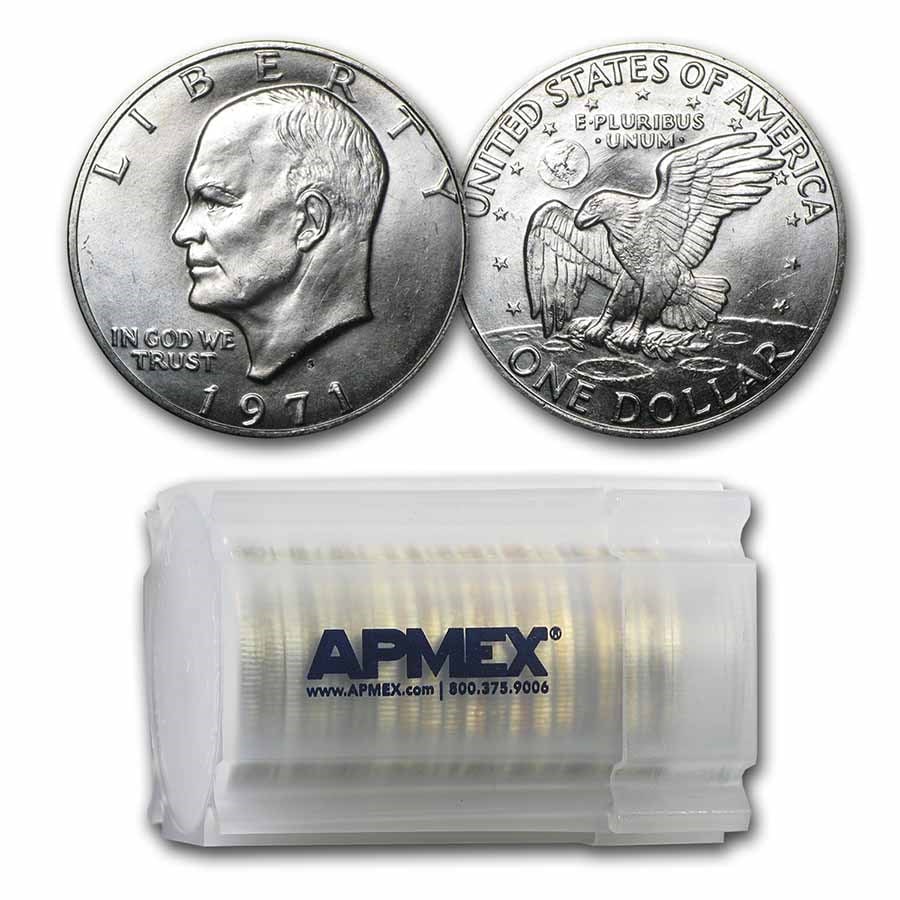 1971-S 40% Silver Eisenhower Dollars 20-Coin Roll BU: 1971-S 40% Silver Eisenhower Dollars 20-Coin Roll BU Product ID: 26243 Year: 1971 Grade: Brilliant Unc Grade Service: None Denomination: $1.00 Dollar Mint Mark: S - San Francisco Metal Co