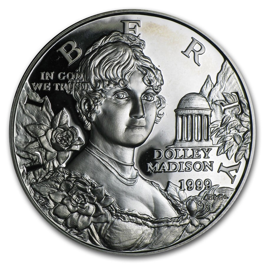 1999-P Dolley Madison $1 Silver Commem Proof (Capsule Only): 1999-P Dolley Madison $1 Silver Commem Proof (Capsule Only) Product ID: 52489 Year: 1999 Grade: Proof Grade Service: None Denomination: $1.00 Dollar Mint Mark: P - Philadelphia Metal Cont