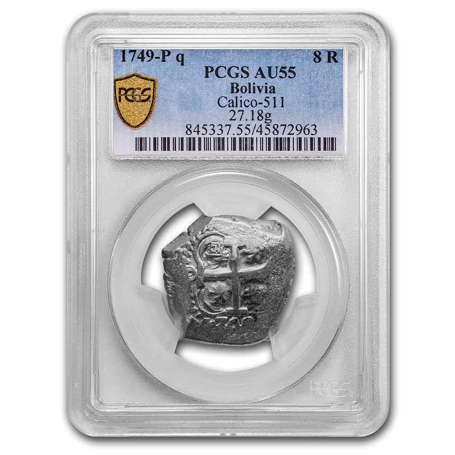 1749-P Bolivia Silver 8 Reales Cob AU-55 PCGS: 1749-P Bolivia Silver 8 Reales Cob AU-55 PCGS Product ID: 272095 Year: 1749 Grade Service: PCGS Denomination: 8 Reales Metal Content: 0.7982 troy oz Purity: .917 Thickness: N/A mm