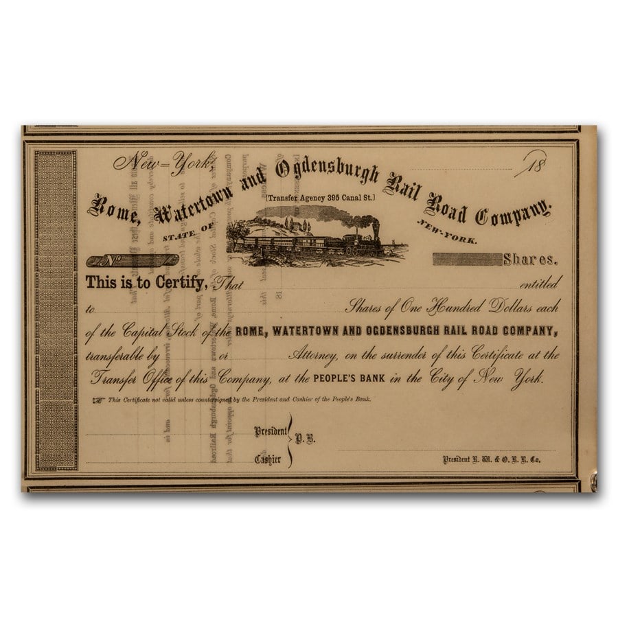 1860's - Rome, Watertown & Ogdensburgh Railroad Sheet of 3 Stocks: 1860's - Rome, Watertown & Ogdensburgh Railroad Sheet of 3 Stocks Product ID: 51555 Year: N/A Grade: None Grade Service: None Denomination: N/A Mint Mark: N/A - Not Available Metal Conten