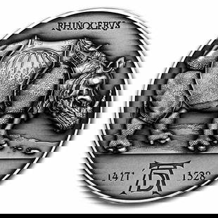 2021 Cameroon 2 oz Silver Albrecht Durer: Rhinoceros: 2021 Cameroon 2 oz Silver Albrecht Durer: Rhinoceros Product ID: 244178 Year: 2021 Grade: Uncirculated Grade Service: None Denomination: 2,000 Francs Mint Mark: Not Shown Metal Content: 2