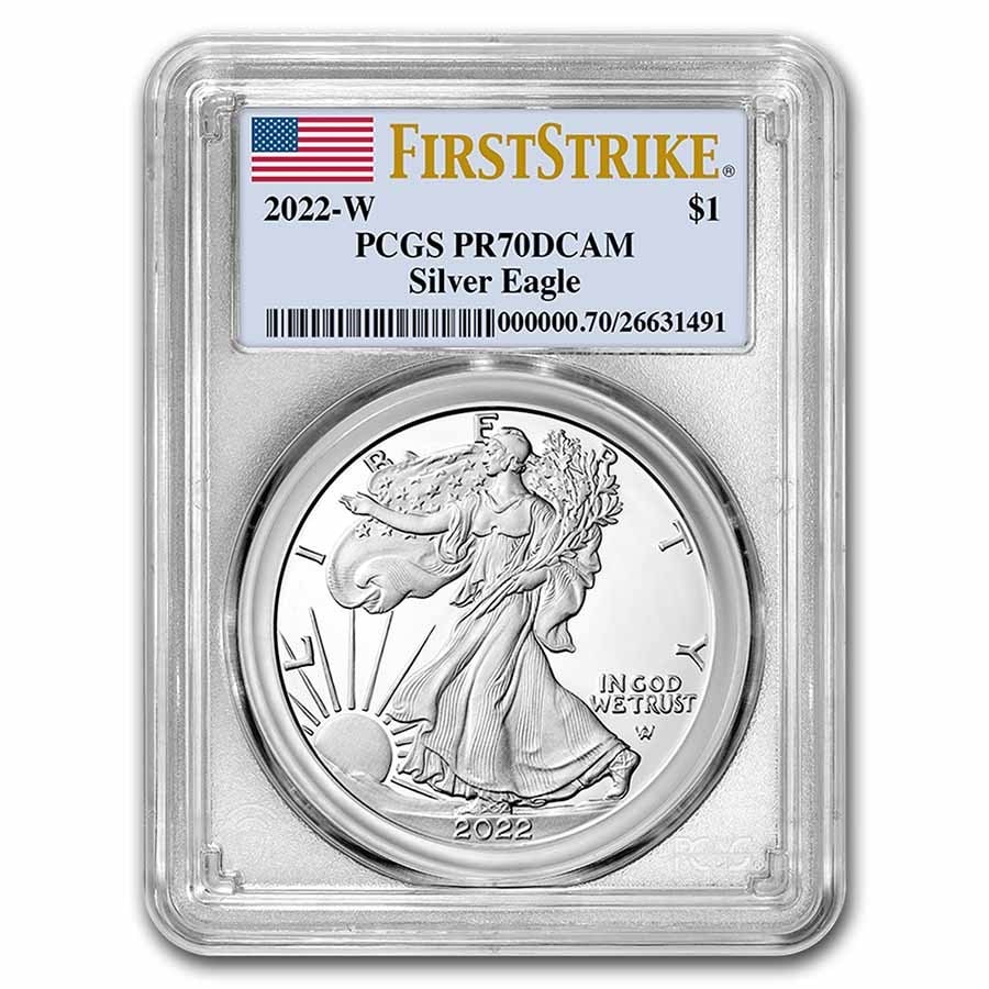 2022-W 1 oz Proof Silver Eagle PR-70 PCGS (FirstStrike): 2022-W 1 oz Proof Silver Eagle PR-70 PCGS (FirstStrike) Product ID: 251319 Year: 2022 Grade: Proof - 70 DCAM Grade Service: PCGS Denomination: 1 Dollar Mint Mark: W - West Point Metal Con