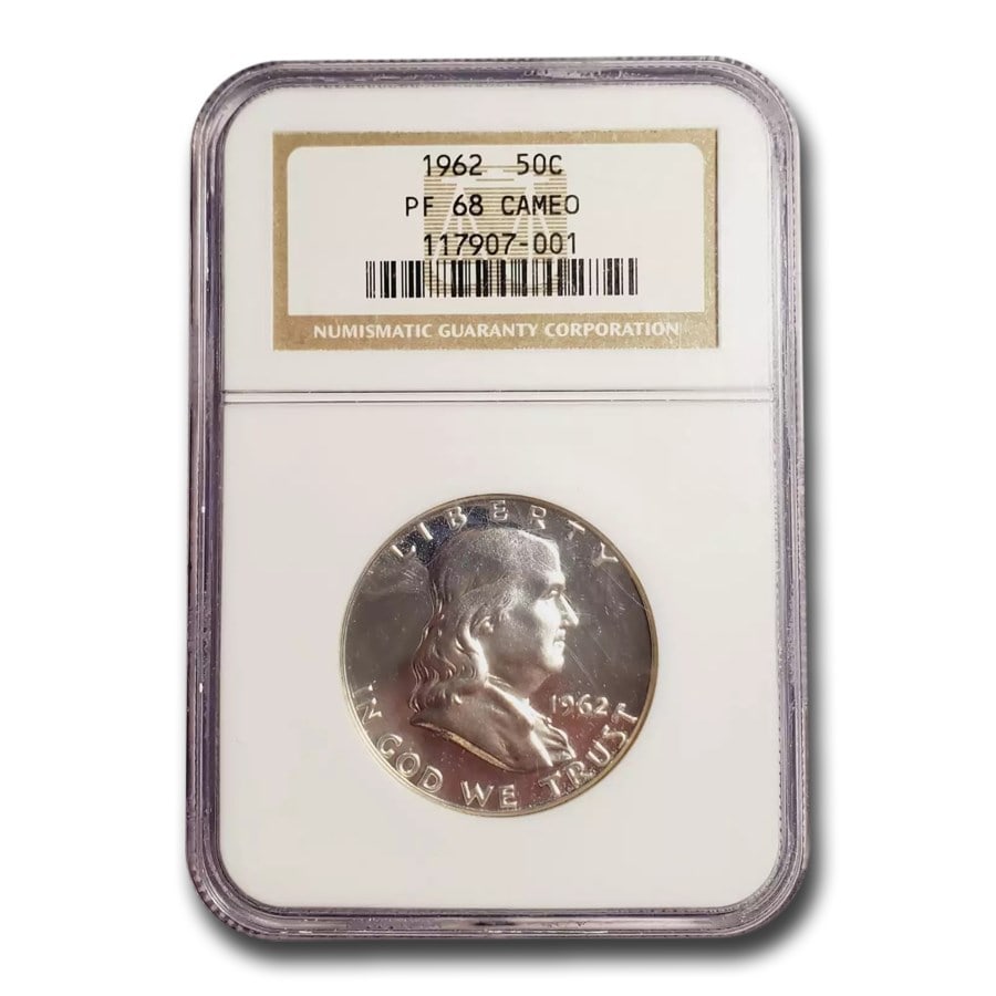 1962 Franklin Half Dollar PF-68 CAMEO NGC: 1962 Franklin Half Dollar PF-68 CAMEO NGC , Product ID: 10337 Year: 1962 Grade Service: NGC Denomination: $0.50 Metal Content: 0.3617 troy oz Purity: .900 Thickness: 2.15 mm Diame