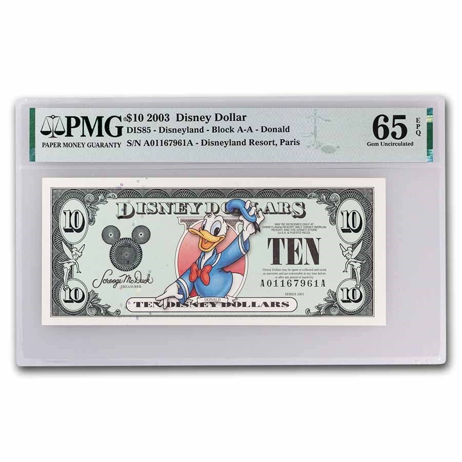 2003 $10.00 (AA) Donald, Disneyland Paris (DIS#85) CU-65 EPQ PMG: 2003 $10.00 (AA) Donald, Disneyland Paris (DIS#85) CU-65 EPQ PMG , Product ID: 241538 Year: 2003 Grade: (PMG) Gem Unc - 65 Grade Service: PMG Denomination: 10 Dollars Mint Mark: Disneyland