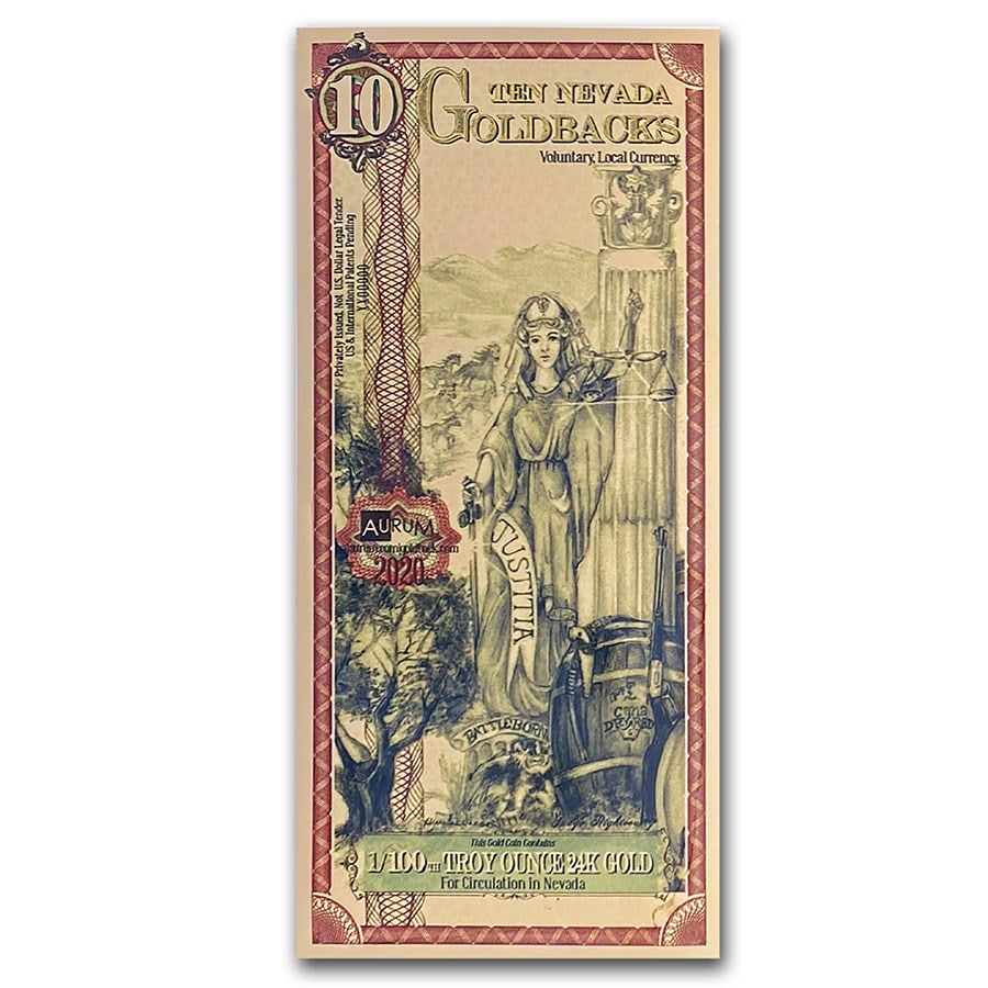 10 Nevada Goldback - Aurum Gold Foil Note (24k): 10 Nevada Goldback - Aurum Gold Foil Note (24k) Product ID: 218162 Year: N/A Not Available Grade: (U) Crisp Unc Grade Service: None Denomination: 10 NV Goldback Mint Mark: N/A - Not Available