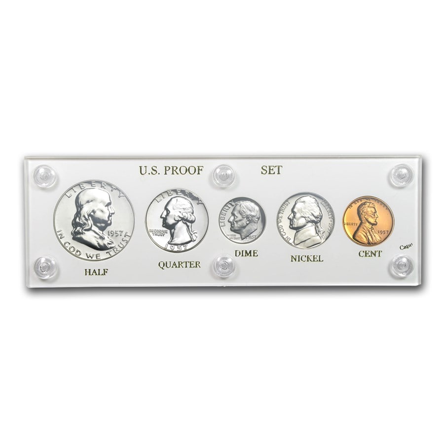 1957 U.S. Proof Set (In Hard Plastic Holder): 1957 U.S. Proof Set (In Hard Plastic Holder) Product ID: 22289 Year: 1957 Grade: Proof Grade Service: None Denomination: Varies Mint Mark: P - Philadelphia (Not Shown) Metal Content: 0.61