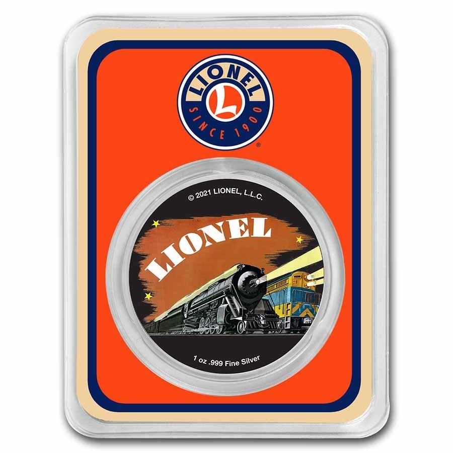 Lionel Trains Locomotive Logo Colorized 1 oz Silver Rounds w/TEP: Lionel Trains Locomotive Logo Colorized 1 oz Silver Rounds w/TEP Product ID: 242637 Year: N/A Grade: None Grade Service: None Mint Mark: N/A - Not Available Metal Content: 1 troy oz Purit