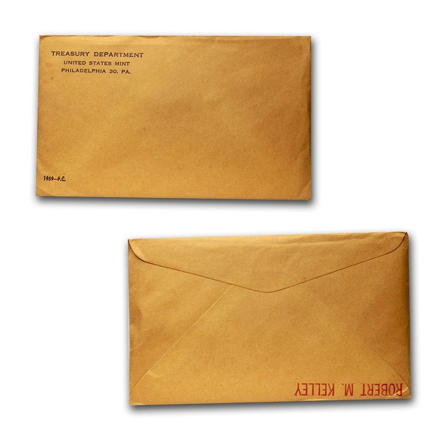 1959 U.S. Proof Set (Sealed Mint Envelope): 1959 U.S. Proof Set (Sealed Mint Envelope) Product ID: 213259 Year: 1959 Grade: Proof Grade Service: None Denomination: Varies Mint Mark: P - Philadelphia (Not Shown) Metal Content: 0.614