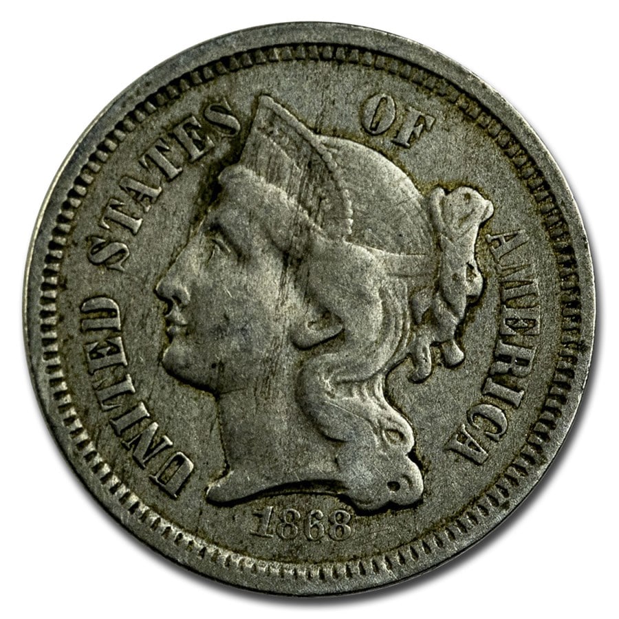 1868 3 Cent Nickel VF: 1868 3 Cent Nickel VF Product ID: 16291 Year: 1868 Grade: Very Fine Grade Service: None Denomination: 3 Cents Mint Mark: P - Philadelphia (Not Shown) Metal Content: 0 troy oz Pur