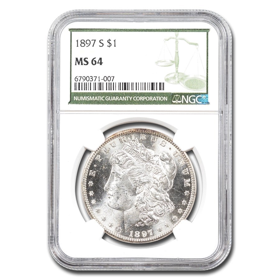1897-S Morgan Dollar MS-64 NGC (Green Label): 1897-S Morgan Dollar MS-64 NGC (Green Label) Product ID: 282924 Year: 1897 Grade: MS-64 Grade Service: NGC Denomination: 1 Dollar Mint Mark: S - San Francisco Metal Content: 0.7734 troy o
