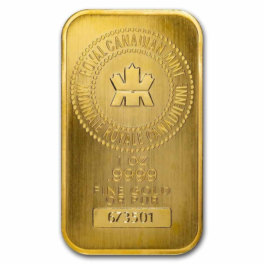1 oz Gold Bar - Royal Canadian Mint RCM: 1 oz Gold Bar - Royal Canadian Mint RCM Product ID: 45073 Year: N/A Grade: None Grade Service: None Mint Mark: N/A - Not Available Metal Content: 1 troy oz Purity: .9999 Thicknes