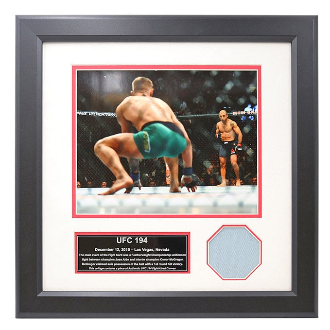 UFC 194 Fight Used Octagon Framed Collage: UFC 194 Fight Used Octagon Framed Collage This framed 14"x14" collage contains an authentic swatch of fight used octagon canvas from UFC 194 in Las Vegas, Nevada, on December 12, 2015. The piece of oc