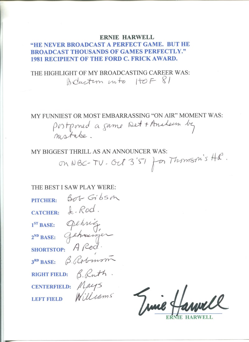 Ernie Harwell Autographed Hand Filled Out Survey Page: Ernie Harwell Autographed Hand Filled Out Survey Page Ernie Harwell Autographed Hand Filled Out Survey Page