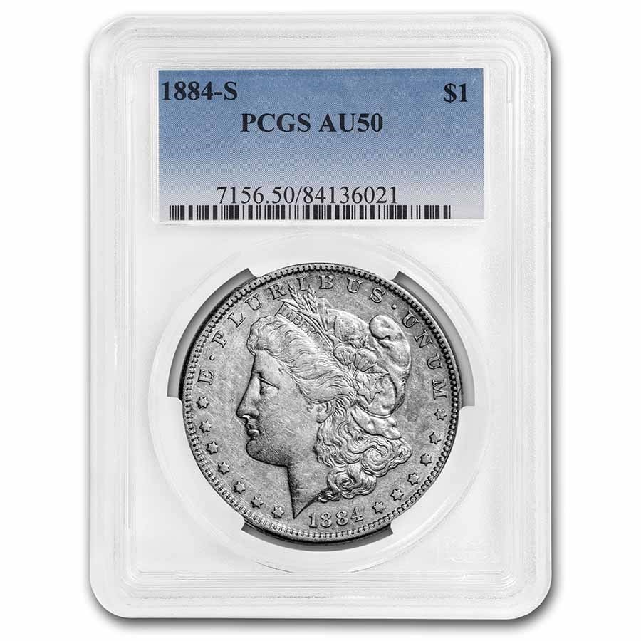 1884-S Morgan Dollar AU-50 PCGS: 1884-S Morgan Dollar AU-50 PCGS Product ID: 20518 Year: 1884 Grade Service: PCGS Denomination: $1.00 Metal Content: 0.7734 troy oz Purity: .900 Thickness: 3.1 mm Diameter: 38.1 m