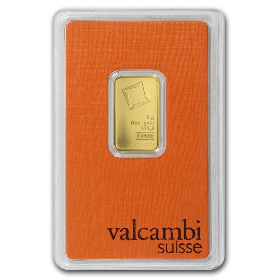 5 gram Gold Bar - Valcambi (In Assay): 5 gram Gold Bar - Valcambi (In Assay) Product ID: 77422 Year: Random Grade Service: Assay Card Denomination: 5 grams Mint Mark: N/A - Not Available Metal Content: 0.1607 troy oz Purity: .