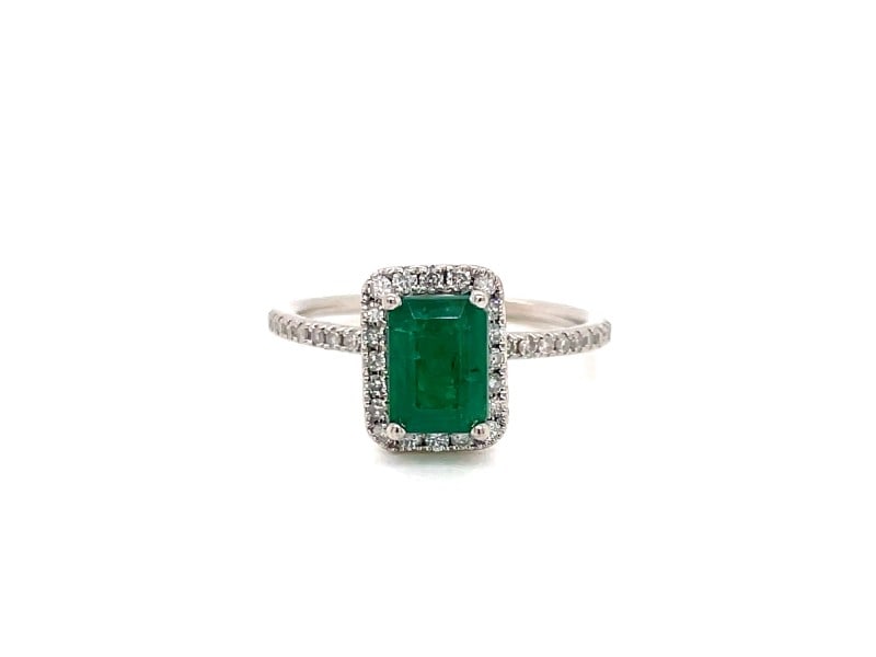 Emerald-Cut Emerald And 1/3 Ct. Tw. Diamond Frame Ring In 14K White Gold: Emerald-Cut Emerald And 1/3 Ct. Tw. Diamond Frame Ring In 14K White Gold Product Code: 14KWHITEGO-6283B5BA7B94E Condition: Never Worn Final Sale: THIS ITEM IS FINAL SALE AND NOT RETURNABLE. The emeral
