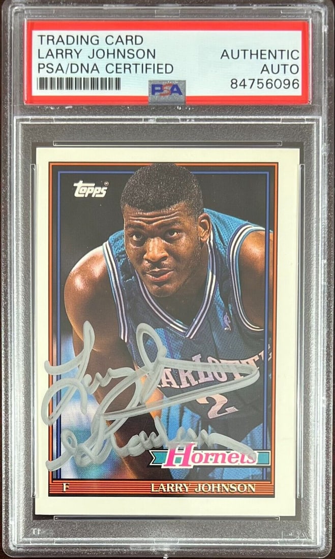 Larry Johnson auto inscribed 1993 Topps #144 card Charlotte Hornets PSA Encap: Larry Johnson auto inscribed 1993 Topps #144 card Charlotte Hornets PSA Encap Larry Johnson auto inscribed 1993 Topps #144 card Charlotte Hornets PSA Encap