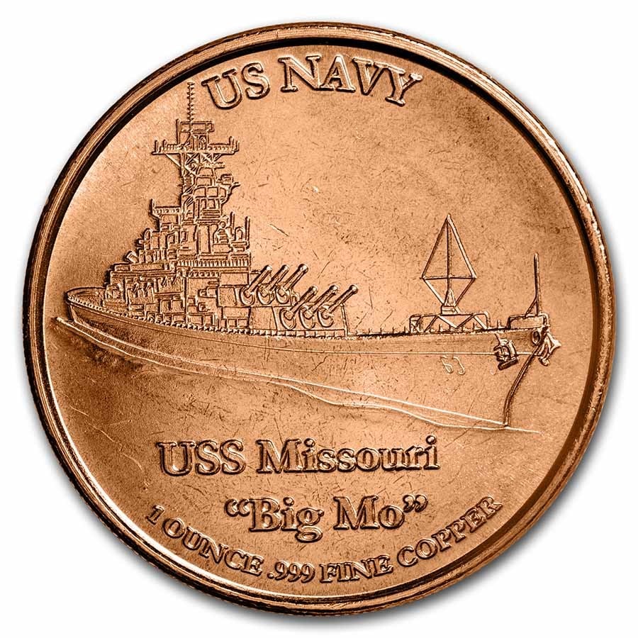 1 oz Copper Round - US Navy: USS Missouri: 1 oz Copper Round - US Navy: USS Missouri Product ID: 249310 Year: N/A Grade: None Grade Service: None Mint Mark: None Metal Content: 1 AVDP oz Purity: .999 Thickness: 3.3 mm