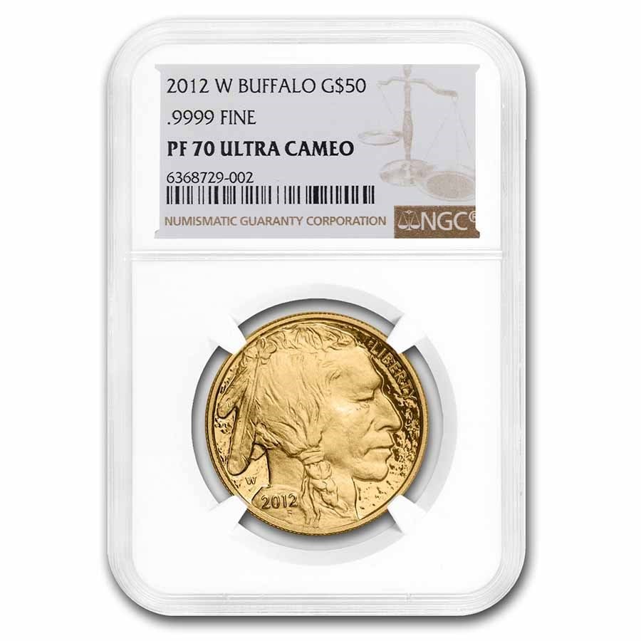 2012-W 1 oz Proof Gold Buffalo PF-70 NGC: 2012-W 1 oz Proof Gold Buffalo PF-70 NGC Product ID: 69503 Year: 2012 Grade Service: NGC Denomination: $50 Metal Content: 1 troy oz Purity: .9999 Thickness: 2.95 mm Diameter: 32.